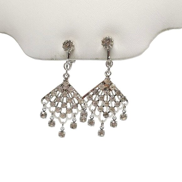 Clear Rhinestone Large Abstract Openwork Diamond Dangle Necklace Earring Set - Picture 6 of 7